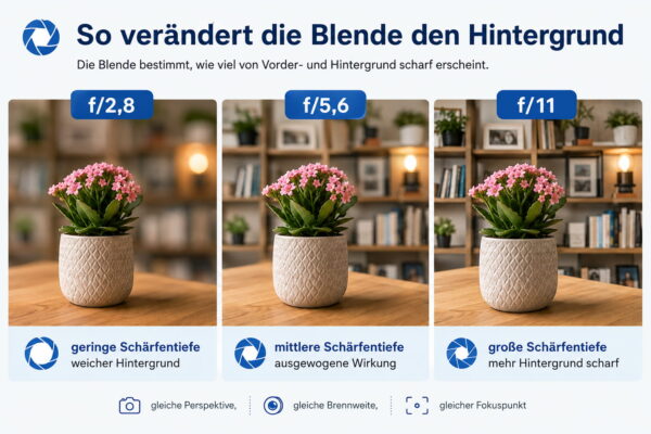 Vergleich der Blende bei f/2,8, f/5,6 und f/11 mit unterschiedlicher Schärfentiefe