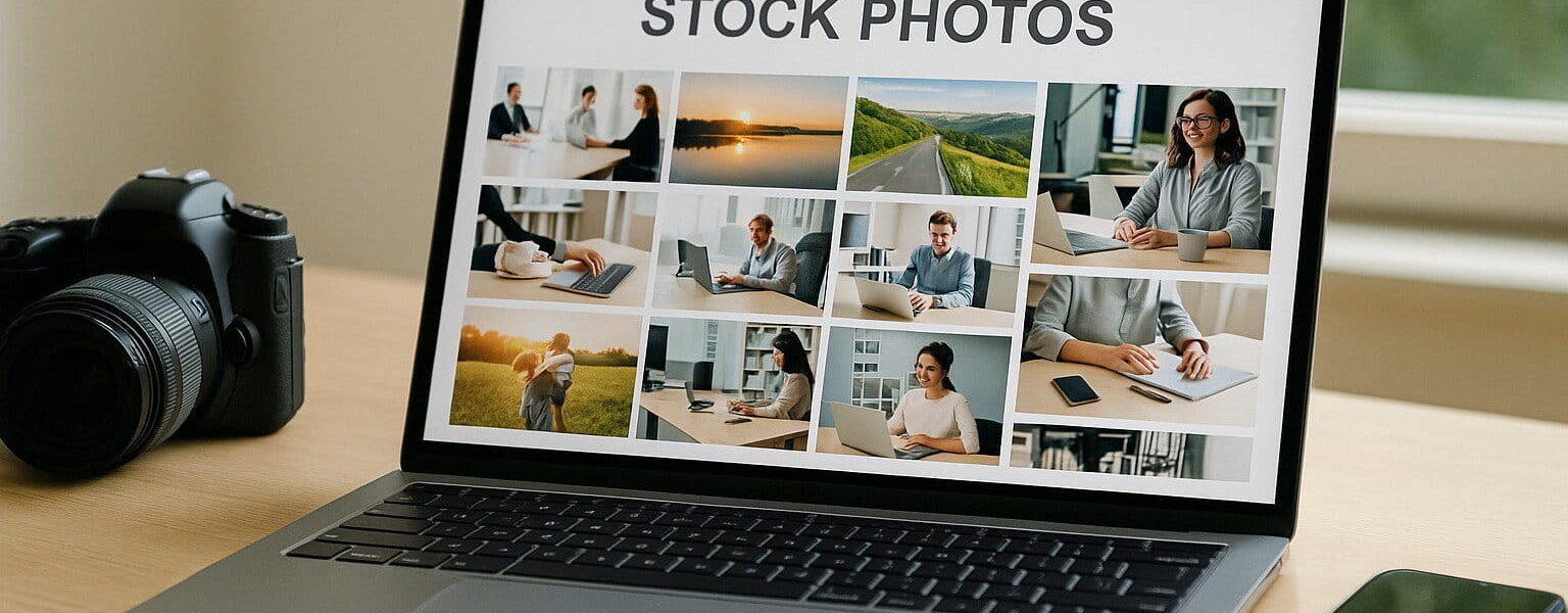 Stockfotografie einfach erklärt: Laptop mit Kamera und Smartphone auf Schreibtisch