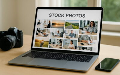 Stockfotografie einfach erklärt: Laptop mit Kamera und Smartphone auf Schreibtisch