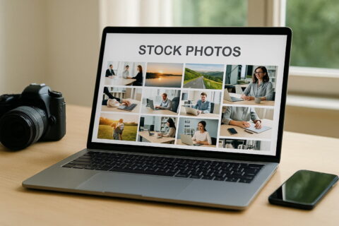Stockfotografie einfach erklärt: Laptop mit Kamera und Smartphone auf Schreibtisch