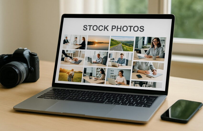 Stockfotografie einfach erklärt: Laptop mit Kamera und Smartphone auf Schreibtisch