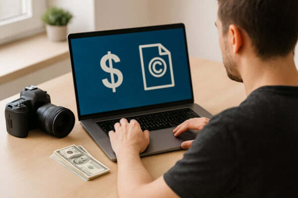 Stockfotografie Lizenzmodelle und Vergütung am Laptop mit Kamera und Geldsymbolen