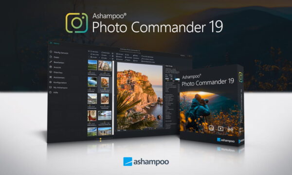 Ashampoo Photo Commander 19 – Programmoberfläche und Box Screenshot des Ashampoo Photo Commander 19 mit Programmoberfläche und Verpackung
