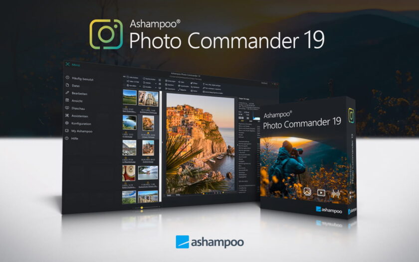 Screenshot des Ashampoo Photo Commander 19 mit Programmoberfläche und Verpackung