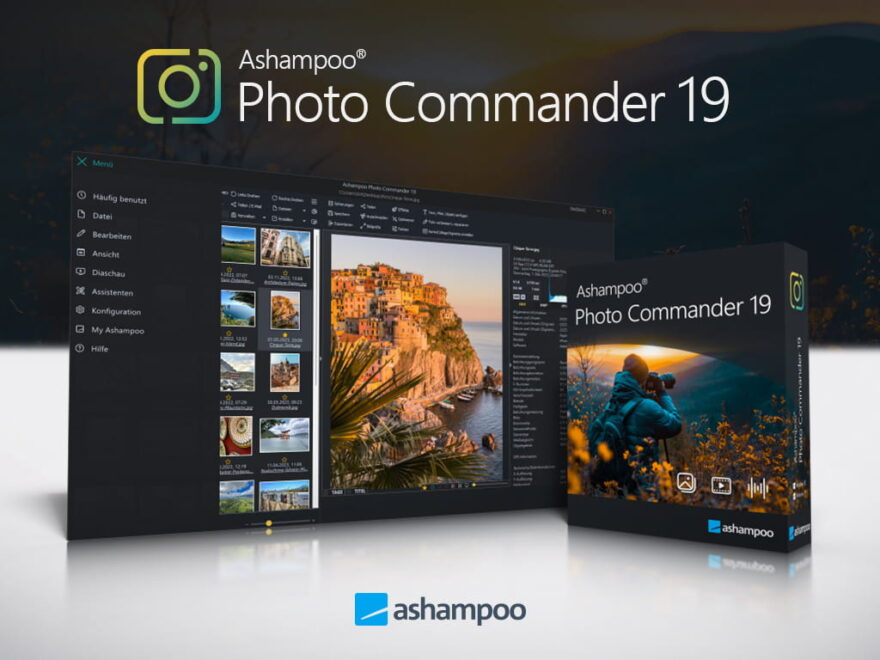 Screenshot des Ashampoo Photo Commander 19 mit Programmoberfläche und Verpackung