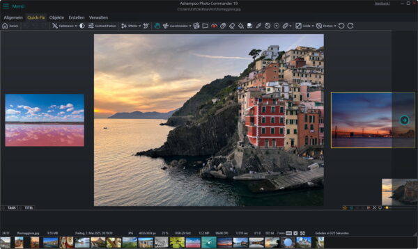 Ashampoo Photo Commander 19 – Bildbearbeitung im Quick-Fix-Modus Benutzeroberfläche des Ashampoo Photo Commander 19 mit geöffnetem Foto und Bearbeitungswerkzeugen