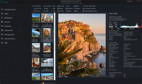 Ashampoo Photo Commander 19 – intelligente Fotoverwaltung im Überblick Hauptansicht des Ashampoo Photo Commander 19 mit Fotoübersicht und EXIF-Datenanzeige