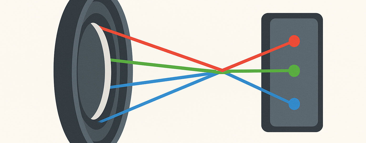 Illustration zeigt, wie Chromatische Aberrationen durch Lichtbrechung im Objektiv entstehen