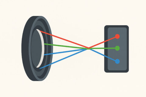 Illustration zeigt, wie Chromatische Aberrationen durch Lichtbrechung im Objektiv entstehen