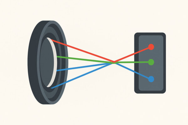 Chromatische Aberrationen anschaulich erklärt – Grafik zur Lichtbrechung Illustration zeigt, wie Chromatische Aberrationen durch Lichtbrechung im Objektiv entstehen