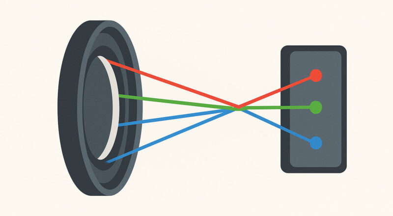 Illustration zeigt, wie Chromatische Aberrationen durch Lichtbrechung im Objektiv entstehen