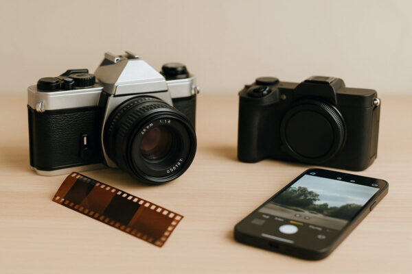 Von analog zu digital – die Revolution der Fotografie Übergang von analoger zu digitaler Fotografie mit Kamera und Filmstreifen