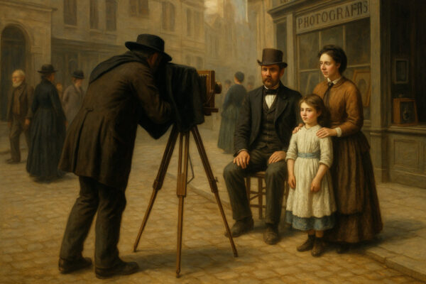 Die Entwicklung der Fotografie im 19. Jahrhundert Fotograf mit Stativkamera bei der Arbeit im 19. Jahrhundert, Beginn der Massenfotografie