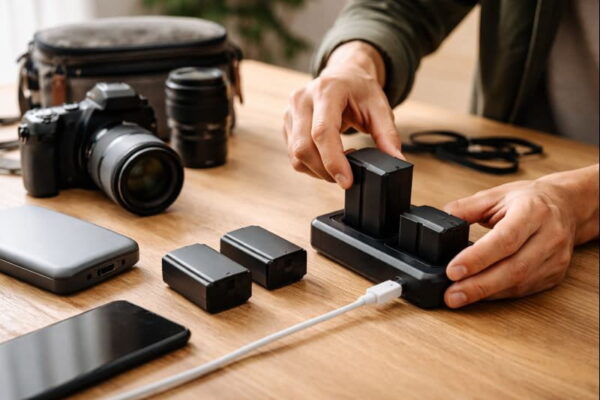 Kameraakkus werden in einem Ladegerät auf dem Schreibtisch geladen