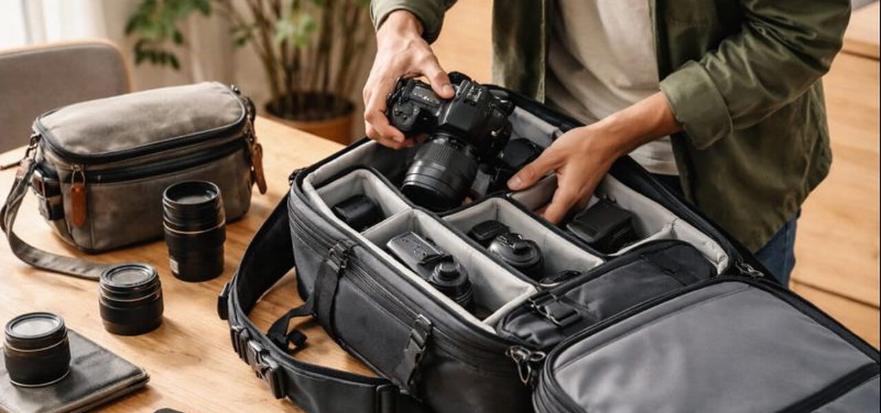 Kamera wird ordentlich in gepolsterten Fotorucksack eingelegt