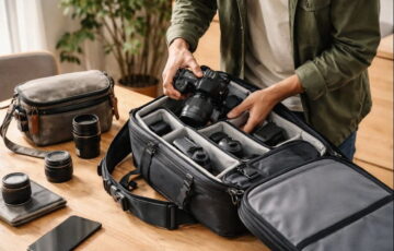 Kamera wird ordentlich in gepolsterten Fotorucksack eingelegt