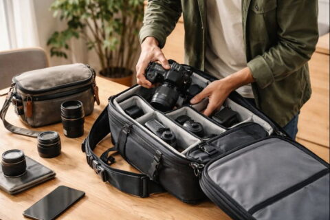 Kamera wird ordentlich in gepolsterten Fotorucksack eingelegt