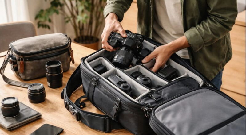 Must-Have Fotografenzubehör für Einsteiger: sinnvoll starten ohne Fehlkäufe 14 Kamera wird ordentlich in gepolsterten Fotorucksack eingelegt