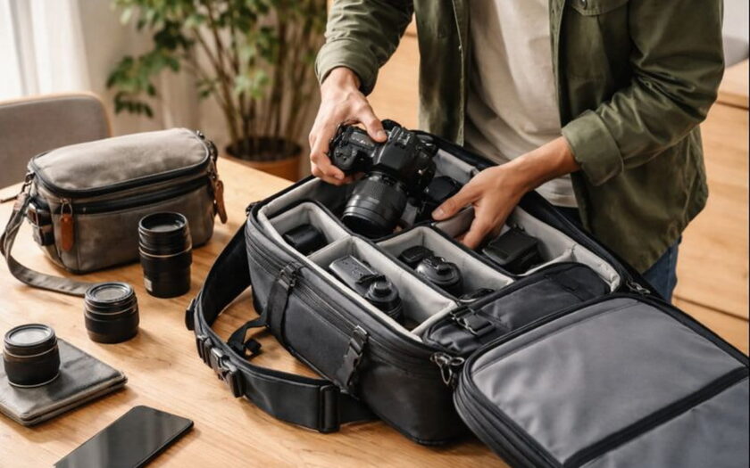 Kamera wird ordentlich in gepolsterten Fotorucksack eingelegt