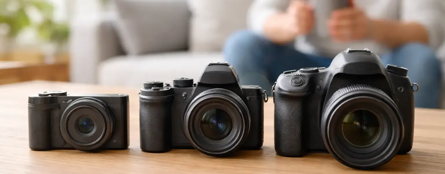 Kompaktkamera, Systemkamera und DSLR im direkten Vergleich auf einem Tisch