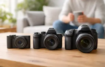 Kompaktkamera, Systemkamera und DSLR im direkten Vergleich auf einem Tisch