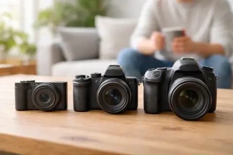 kamerasysteme vergleich Kompaktkamera, Systemkamera und DSLR im direkten Vergleich auf einem Tisch