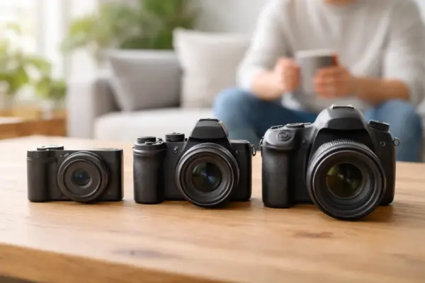 Kompaktkamera, Systemkamera und DSLR im direkten Vergleich auf einem Tisch