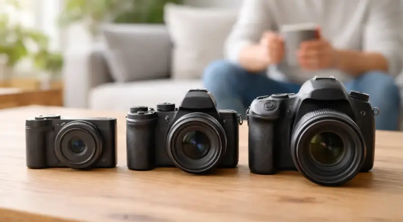 Kameras & Objektive verstehen: Grundlagen für sichere Kauf- und Praxisentscheidungen 4 Kompaktkamera, Systemkamera und DSLR im direkten Vergleich auf einem Tisch