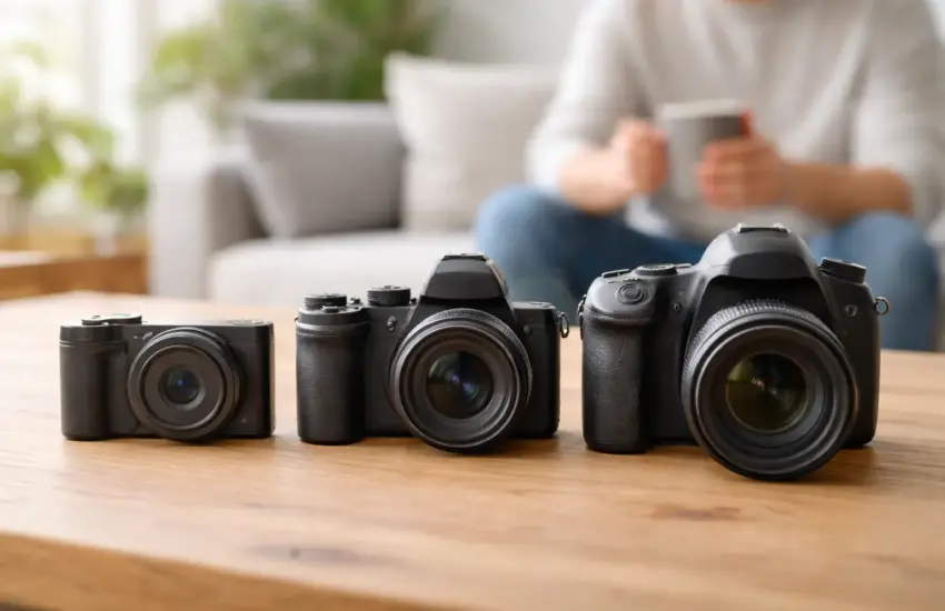 Kompaktkamera, Systemkamera und DSLR im direkten Vergleich auf einem Tisch