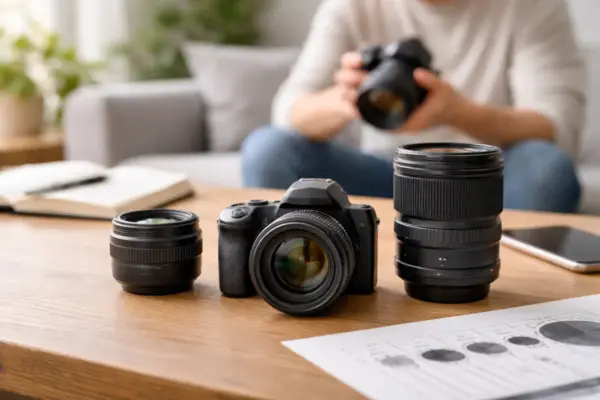 Kamera mit verschiedenen Objektiven zur Veranschaulichung von Brennweite und Lichtstärke