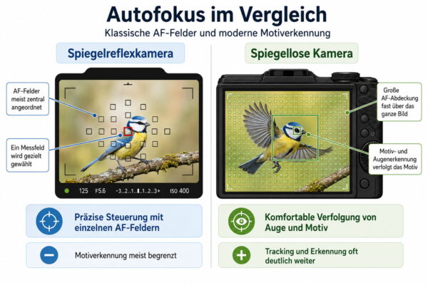 Autofokus bei DSLR und spiegelloser Kamera im Vergleich Vergleich des Autofokus bei DSLR und spiegelloser Kamera mit AF-Feldern und Augenerkennung