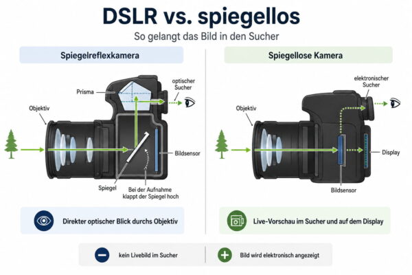 DSLR und spiegellose Kamera: Sucher im Vergleich Vergleich von DSLR und spiegelloser Kamera mit optischem und elektronischem Sucher