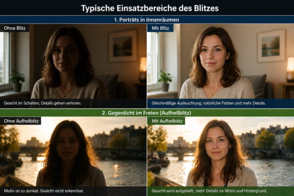 Blitzfotografie Vergleich – Porträt und Gegenlicht ohne und mit Blitz richtig belichtet