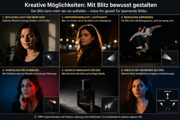 Kreative Blitzfotografie mit seitlichem Licht, Gegenlicht und Farbfolien für unterschiedliche Lichteffekte