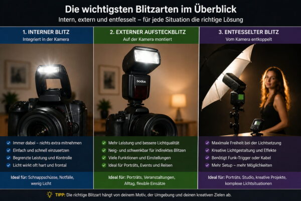 Vergleich von internem Blitz, externem Aufsteckblitz und entfesseltem Blitz in der Fotografie