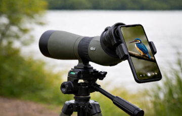 Smartphone am Spektiv mit Adapter für Digiscoping in der Naturfotografie