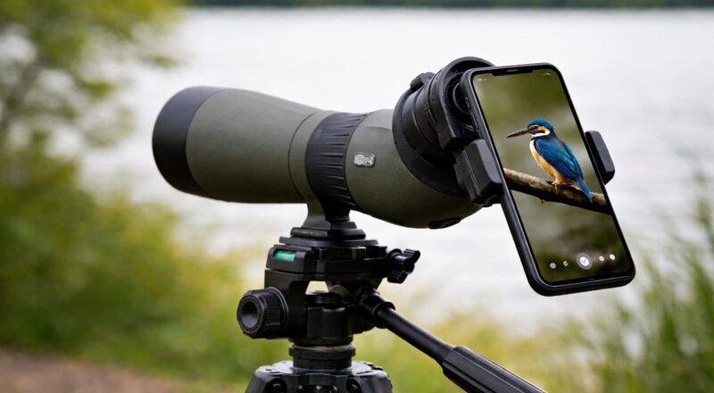 Spektiv in der Fotografie: Was es ist und wie es deine Aufnahmen verbessert 9 Smartphone am Spektiv mit Adapter für Digiscoping in der Naturfotografie
