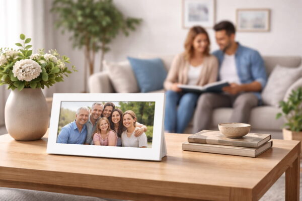 Digitaler Bilderrahmen im Wohnzimmer zeigt Familienfotos im Alltag