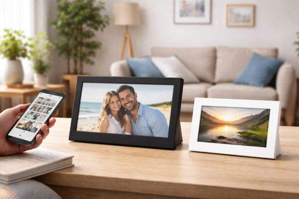 Digitale Bilderrahmen im Wohnzimmer mit Smartphone zur Bildübertragung und unterschiedlichen Größen