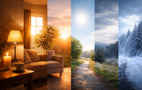 Vergleich von warmem und kaltem Licht entlang der Kelvin-Skala in verschiedenen Alltagssituationen