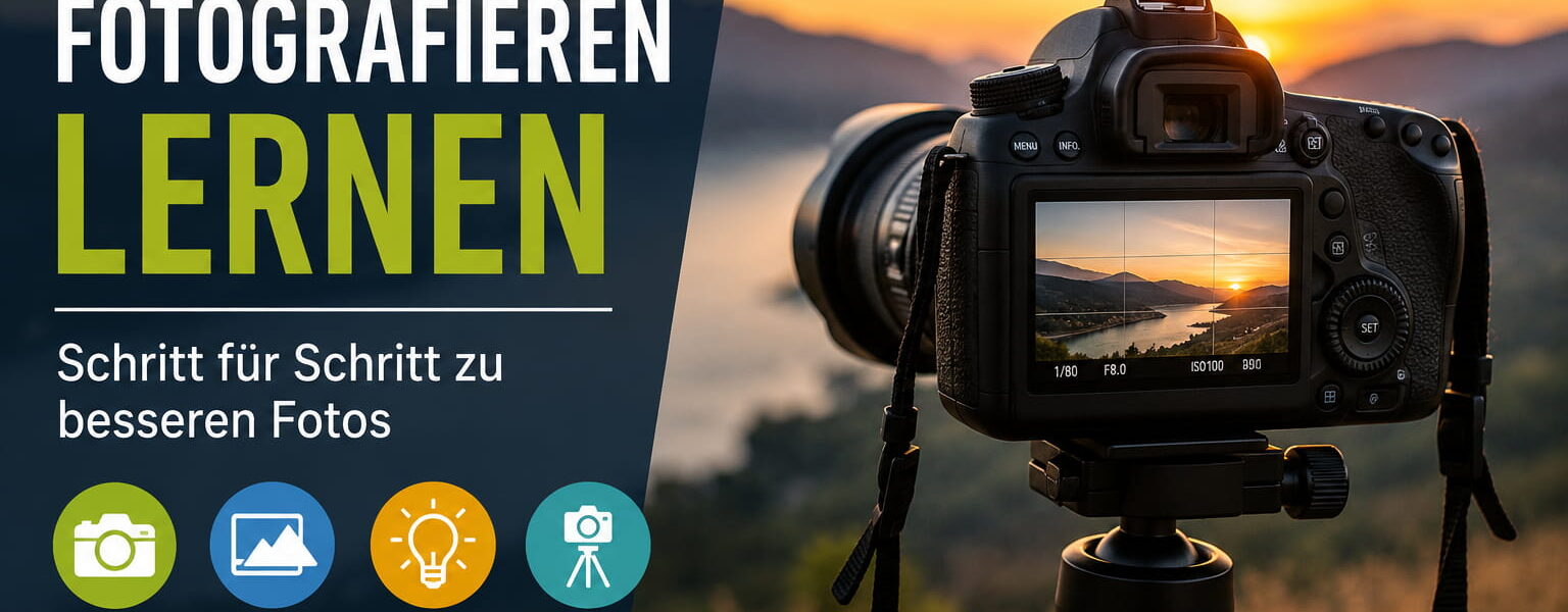 Fotografieren lernen mit Kamera auf Stativ bei Sonnenuntergang
