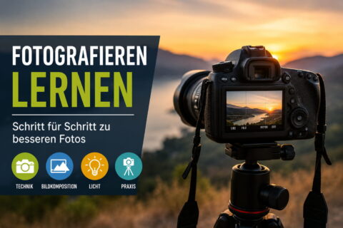 Fotografieren lernen mit Kamera auf Stativ bei Sonnenuntergang