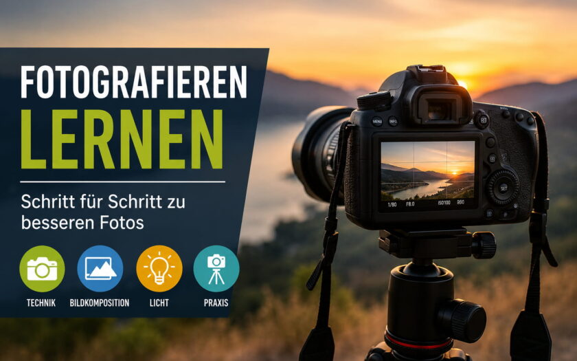 Fotografieren lernen mit Kamera auf Stativ bei Sonnenuntergang