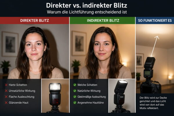 Direkter vs indirekter Blitz Vergleich – Unterschiede bei Lichtwirkung und Schatten in der Fotografie