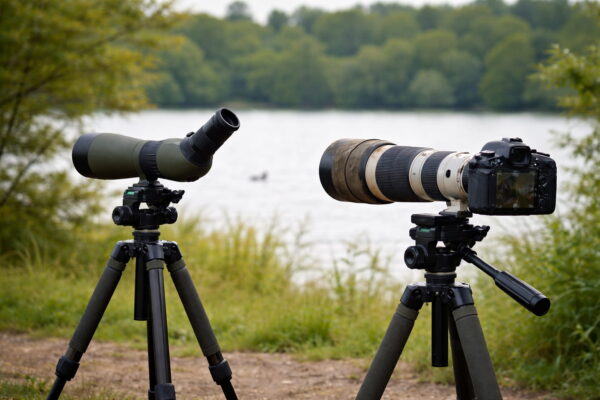 Spektiv und Kamera mit Teleobjektiv im Vergleich auf Stativen in der Natur