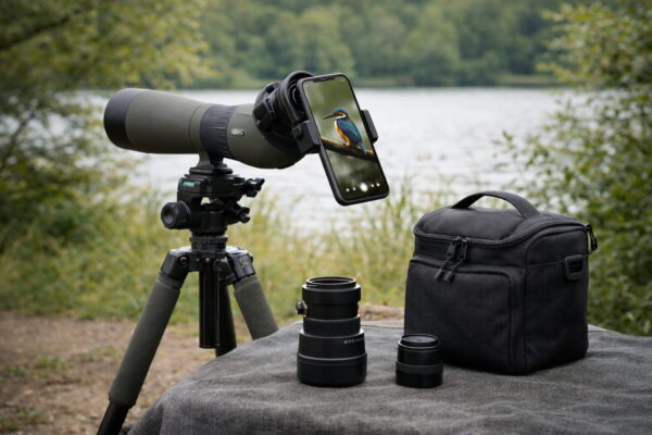 Spektiv mit Zubehör wie Stativ, Adapter und Tasche für Naturfotografie