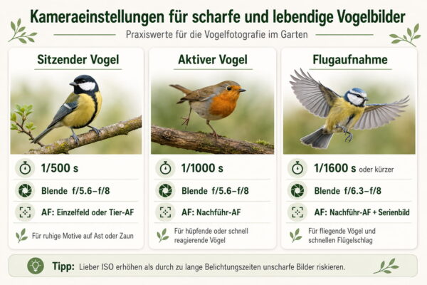 Infografik mit Kameraeinstellungen für scharfe Vogelfotos im Garten