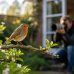 Rotkehlchen auf einem Ast im Garten während ein Fotograf mit Teleobjektiv im Hintergrund fotografiert