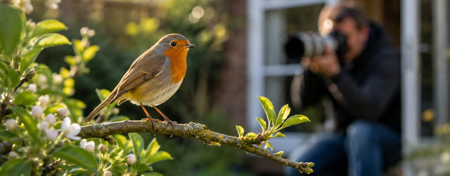 Rotkehlchen auf einem Ast im Garten während ein Fotograf mit Teleobjektiv im Hintergrund fotografiert