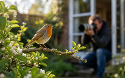 Rotkehlchen auf einem Ast im Garten während ein Fotograf mit Teleobjektiv im Hintergrund fotografiert